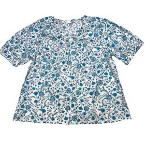 Draper James Shirt Womens Size XL Blue/White Floral Blouse Puffed Sleeve Casual